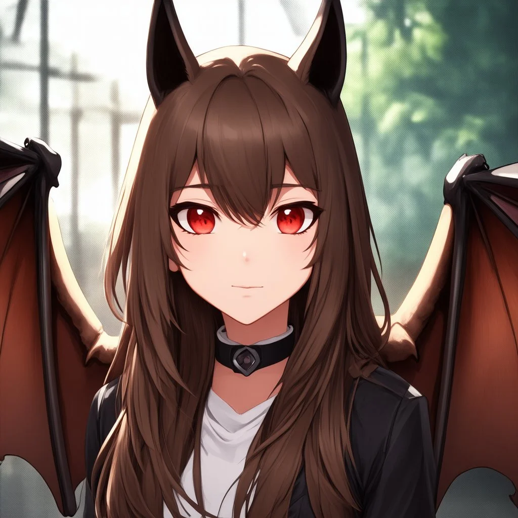 A closeup headshot portrait of a bat demihuman which is a human with bat characteristics. woman with long brown hair, red eyes, brown bat ears and brown bat wings, inside a modern zoo, intricately detailed, cell shaded anime style