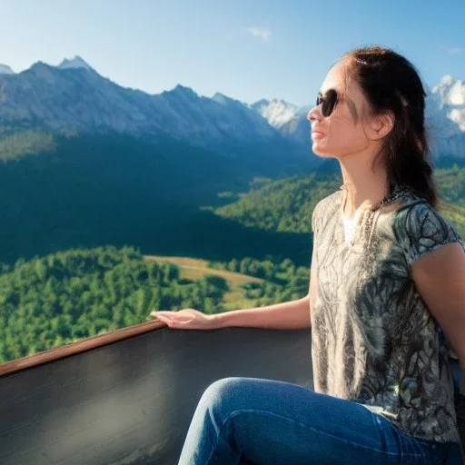 A beautiful woman sitting on the top of the building, looking at the stunning mountains