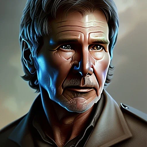 actor harrison ford, waist up portrait, intricate, oil on canvas, masterpiece, expert, insanely detailed, 4k resolution, retroanime style, circular reflective eyes, cinematic smooth, intricate detail , soft smooth lighting, soft pastel colors, painted Renaissance style