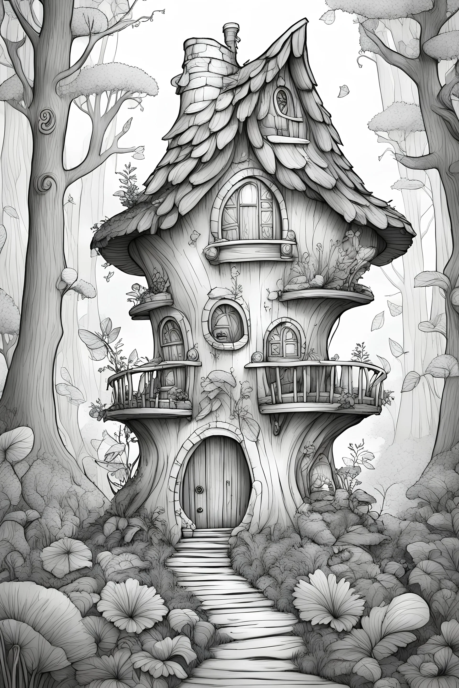 a coloring page, a whimsical fairy house in the forest, cinematic view, clean lineart, black and white only