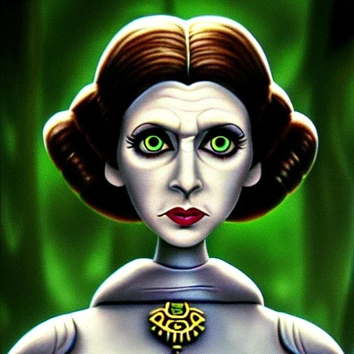 extrem tim burton style of princess leia, sharp focus,3D, ultra detailed
