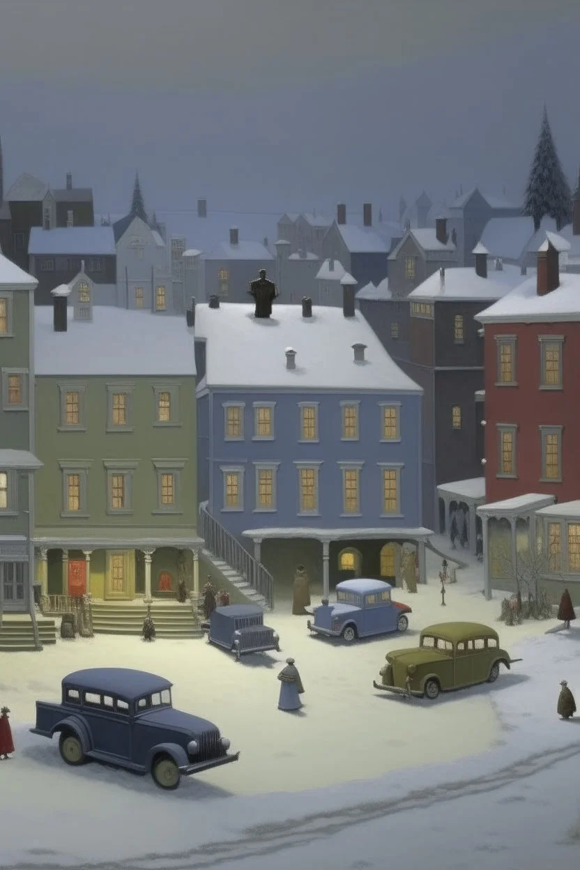 A gray town made out of toys painted by Birge Harrison