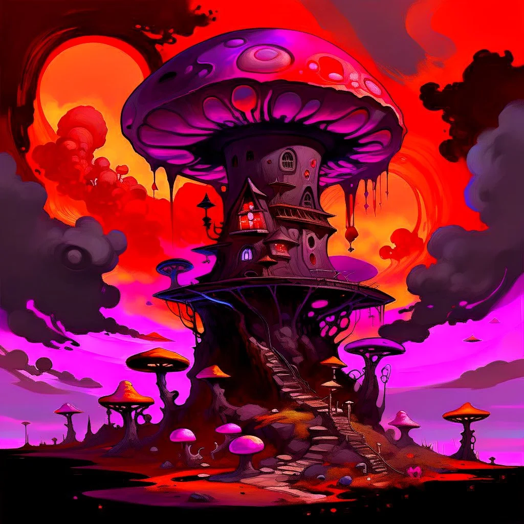 A fantabulous black, orange, and pink (((mushroom tower house))) erected atop a (geologic pillar), surrounded by the uncanny imaginative ((( swirling skies))), offset by the stark hues of a (neon-tinged nebulous space scape), within. captured by the hand a skilled master painter with a focus on (softly blurred compositions and voluminous lighting).