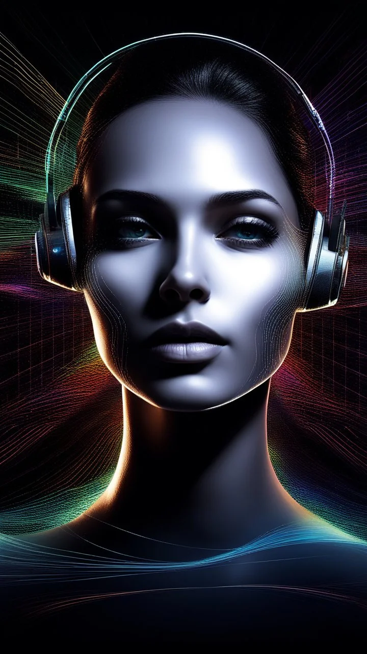 A beautiful face in front of visually captivating, futuristic background for a book cover on audio engineering and mixing, with holographic, multicolored soundwaves that pulse and flow diagonally across a dark, abstract background filled with a subtle star field. Use three-dimensional elements, creating a sense of depth, with frequency bars and particle effects that feel fluid and dynamic, reflecting the essence of modern audio technology