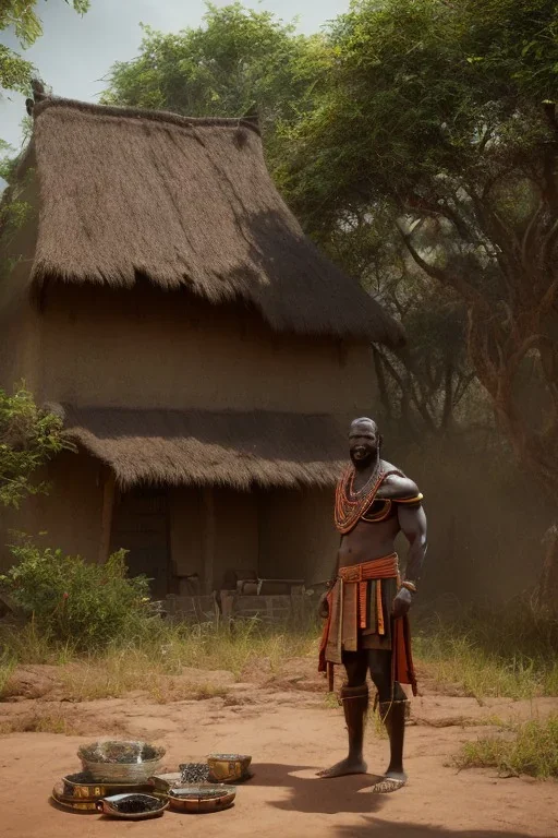 A photo taken from an african village "thor", <character or scene>, kente, cinematic lighting --v 4 --q 2