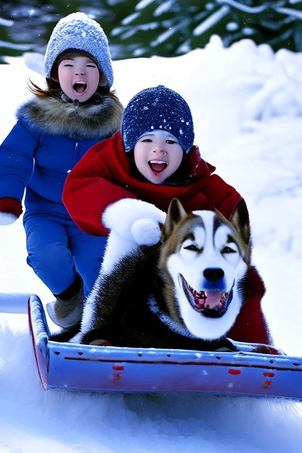 niño y niña viajan en un trineo tirado por un husky