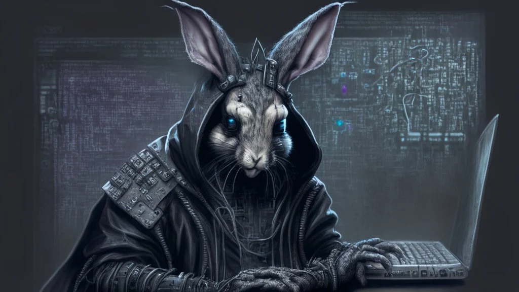 portrait of a gothic rabbit hacker humanoid gamer