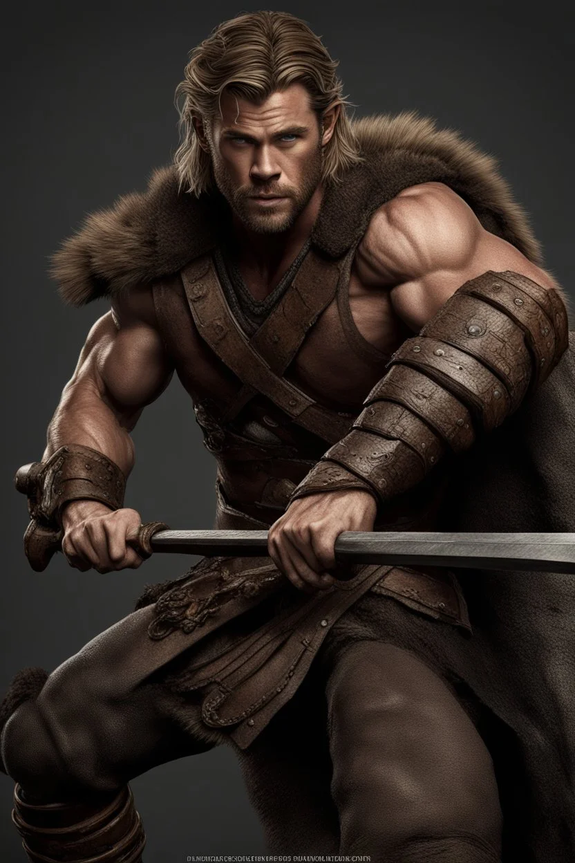 Chris Hemsworth as a barbarian from dungeons and dragons, lean muscles, DnD, in the style of realistic and hyper-detailed renderings,dungeons and dragons, 8k, detailed eyes, perfect eyes, epic , dramatic , fantastical, full body , intricate design and details, dramatic lighting, hyperrealism, photorealistic, cinematic, 8k, detailed face, Dramatic photo,epic photo, whole body,barbarian,