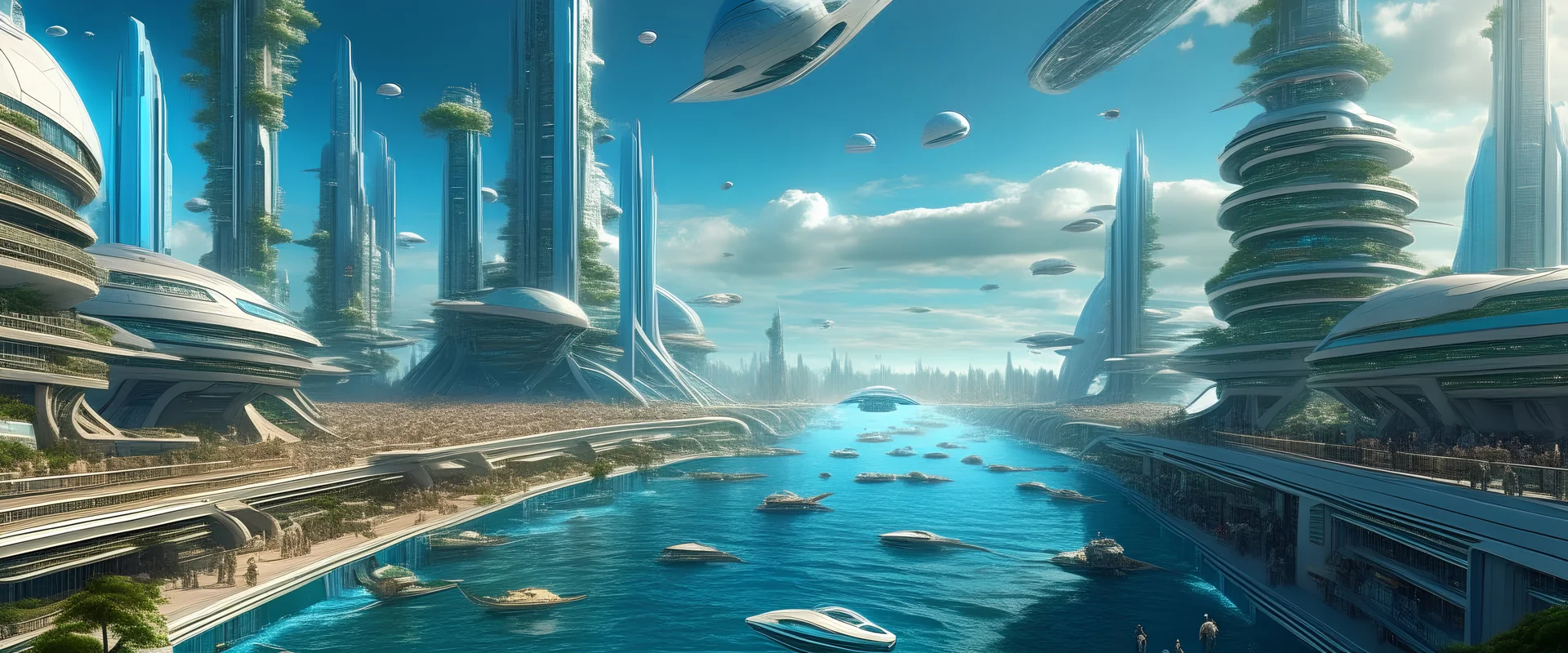miasto przyszłości na oceanie w środku dnia z wieloma ludźmi i statkiem kosmicznym