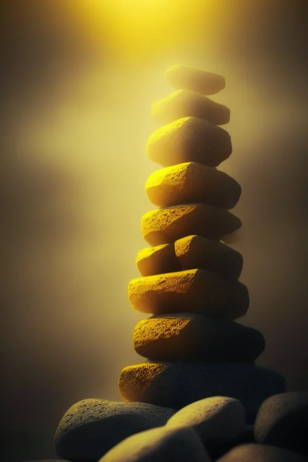 tower build of yellow stones misty trending, depth of field, backlit