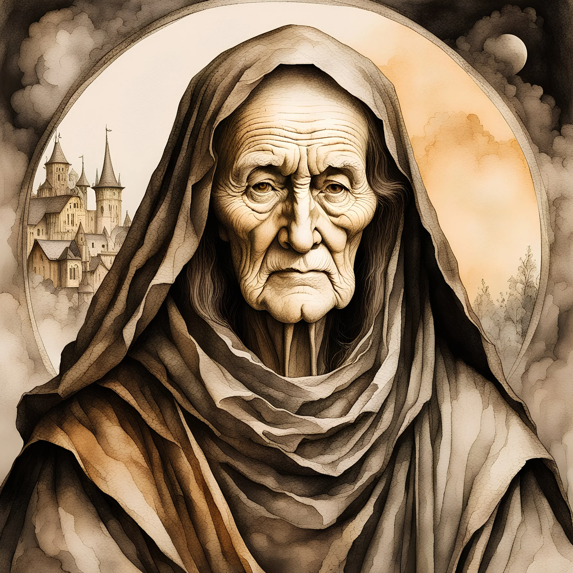 a Dutch Renaissance era ink wash and watercolor illustration of a wizened and aged sorceress , highly detailed facial features, in the style of Pieter Brueghel the Elder and Hieronymus Bosch, aged canvas, craquelure finish, archaic masterpiece, 4k