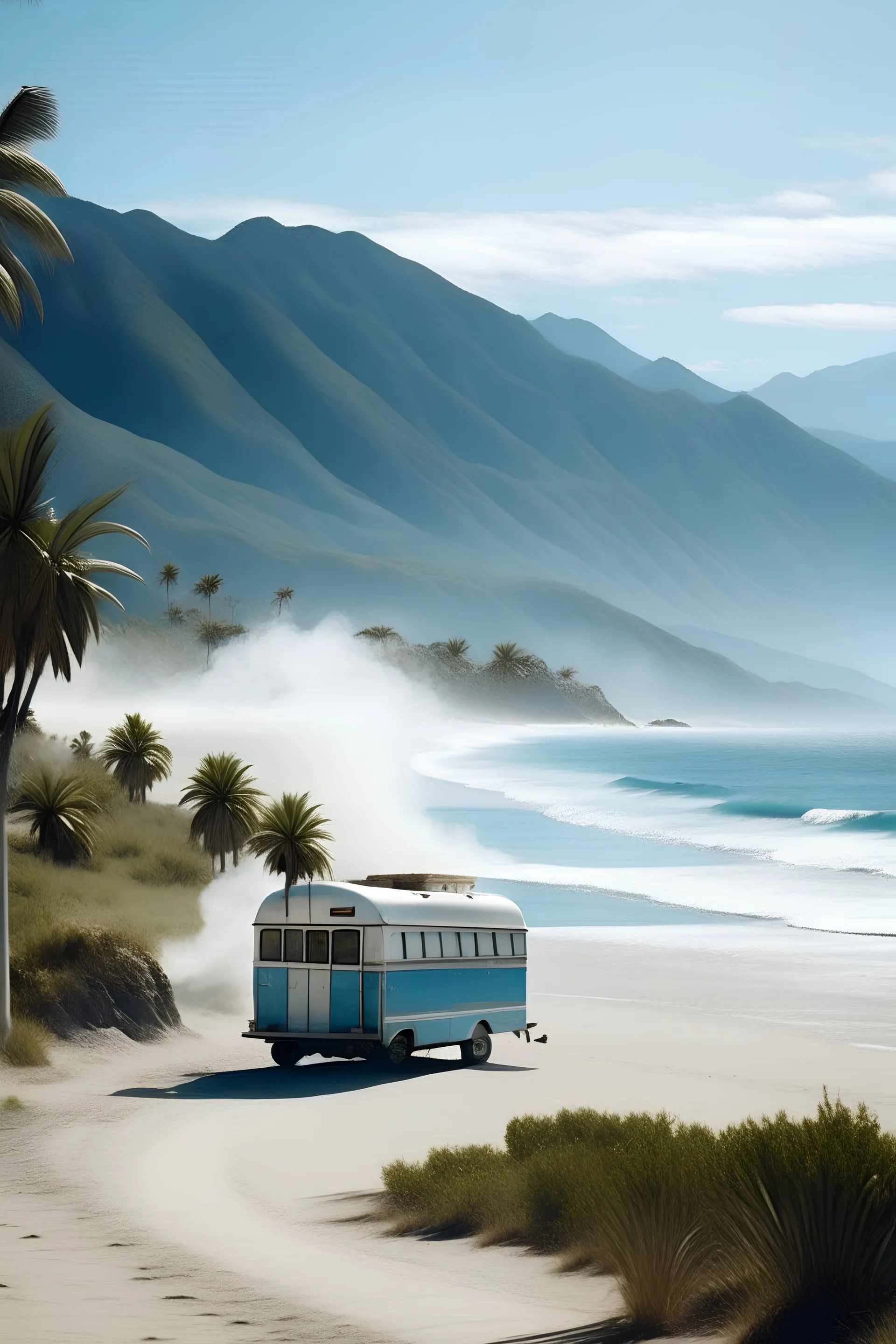 Background: New Zealand sandy beach, blue water. very old campervan. Exhaust smoke. snowcapped mountains. Foreground: winding road. Palm trees.