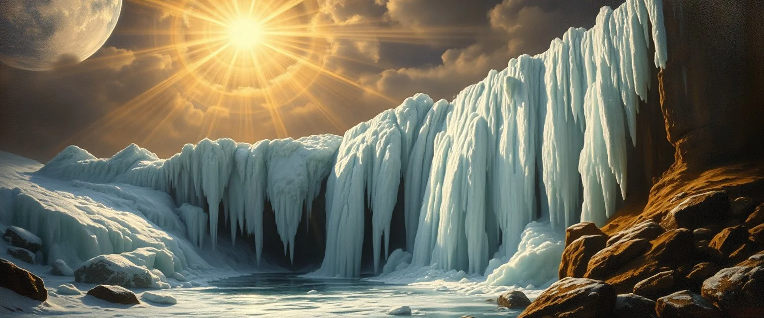 master oil painting by Rembrandt,ice ountain of air water angels singing, display of god rays over blessed earth