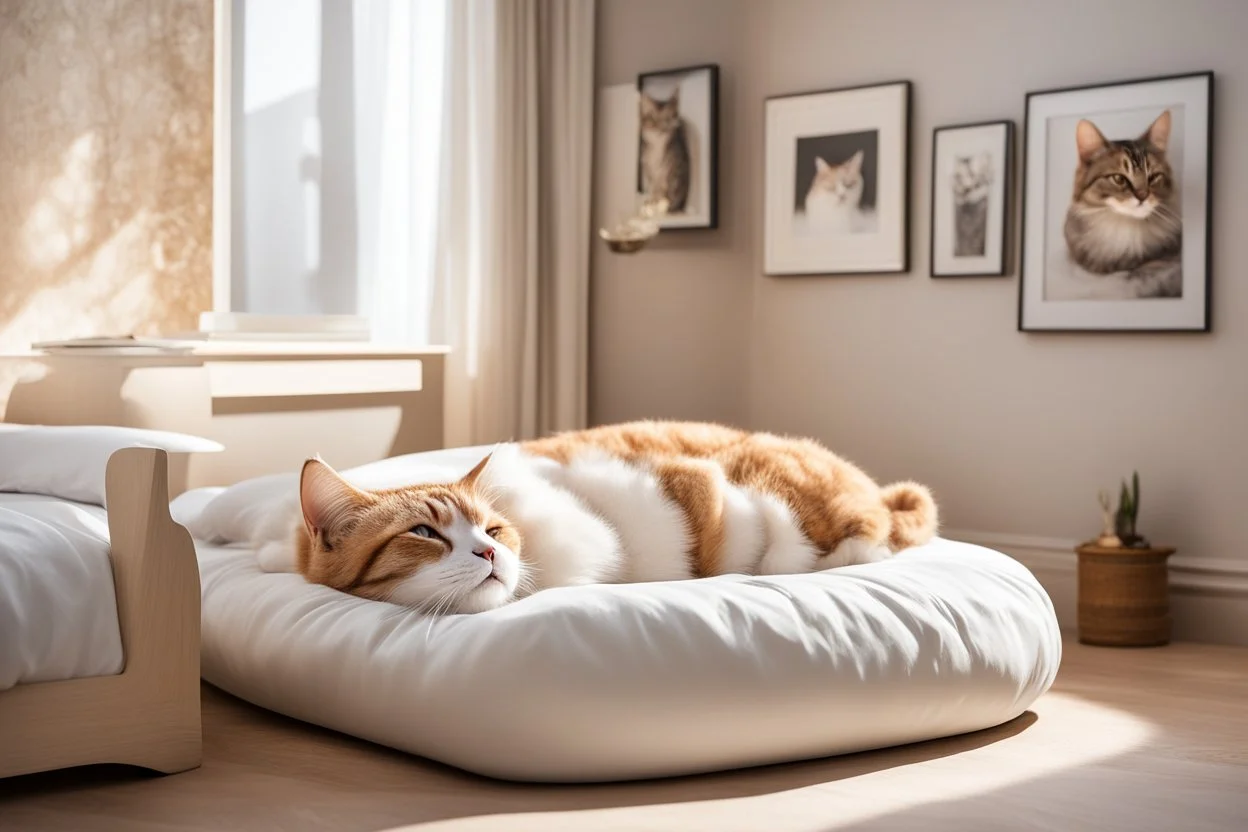 Lifelike cat-shaped bed with a cat lying on it in an elegant bedroom, bedside table, window, pictures on the walls in sunlight.