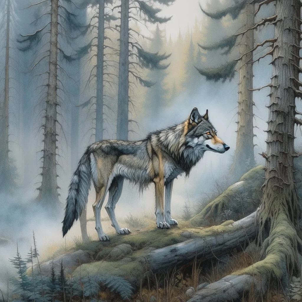A mesmerizing painting that showcases the captivating beauty of a wolf. The wolf's body is intricately detailed, with its fur rendered in a myriad of textures and shades. At the center of the wolf's body, a stunning watercolor landscape unfolds, capturing the serene atmosphere of a foggy forest. Towering pine trees rise above the mist, their branches delicately outlined against the soft, green sky. A silhouette of a deer stands at the forest's base, gazing intently into the distance. The predomi
