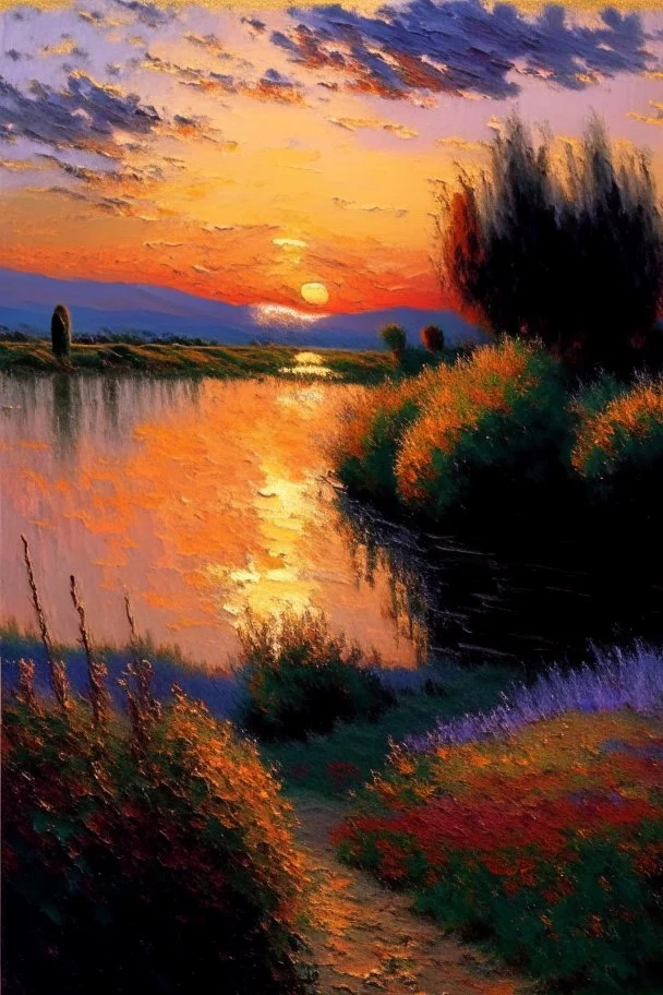 Spanish landscape oil painting, detailed Claude Monet, detailed, sunset