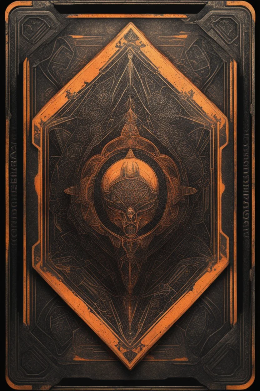 sacred geometry framed playing card, black and orange hellraiser conquistador with shadows boss card in the style of Giger and fallout 4 ,,bokeh like f/0.8, tilt-shift lens 8k, high detail, smooth render, down-light, unreal engine