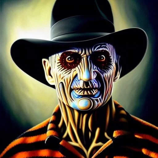 Ultra detailed fullbody Portrait in oil on canvas of Freddy Krueger, extremely detailed digital painting, extremely detailed face,crystal clear Big Glowing eyes, mystical colors ,perfectly centered image, perfect composition, rim light, beautiful lighting, 8k, stunning scene, raytracing, anatomically correct, in the style of robert e howard and Ken Kelley and Ohrai Noriyoshi and Simon Bisley and tomzj1