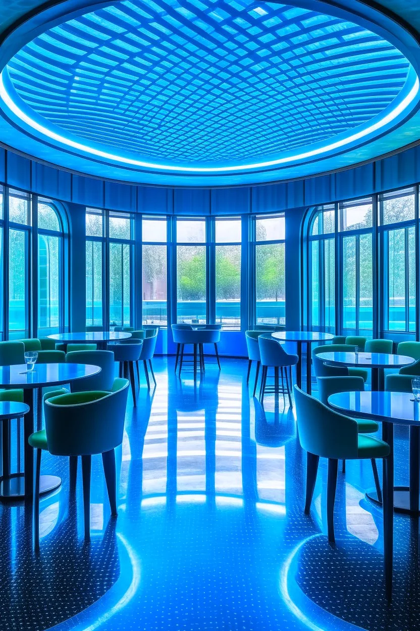 A restaurant whose outer walls are oval in shape, the color of the inside is blue, and its floor is light with a bar table in the middle of the restaurant in the shape of an oval containing 30 chairs and the walls are made of glass