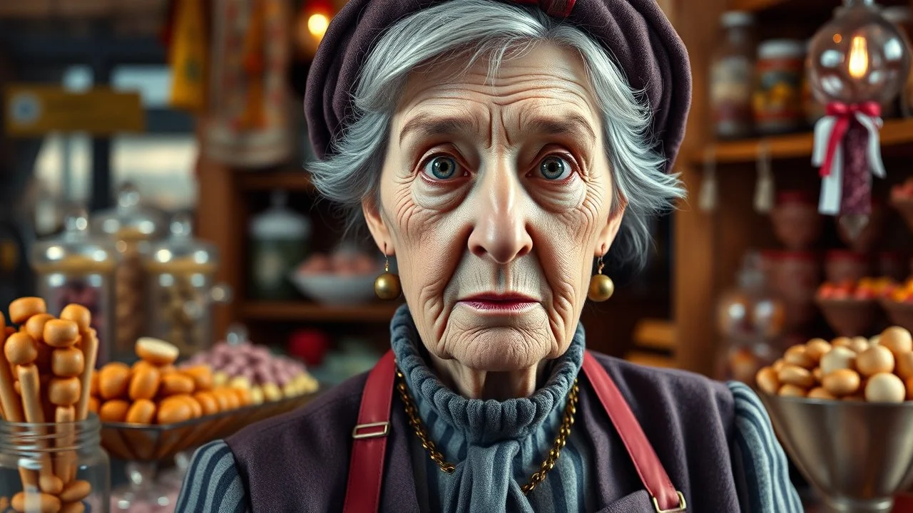 elderly female shopkeeper in Victorian sweet shop, old-fashioned traditional sweets and confectionery, humbugs, sherbert lemons, licquorice, boiled sweets, head and upper body, perfect eyes, exquisite composition, beautiful detailed intricate insanely detailed octane render trending on artstation, 8k artistic photography, photorealistic concept art, soft natural volumetric cinematic perfect light, chiaroscuro, award-winning photograph, masterpiece, raphael, caravaggio, greg rutkowski