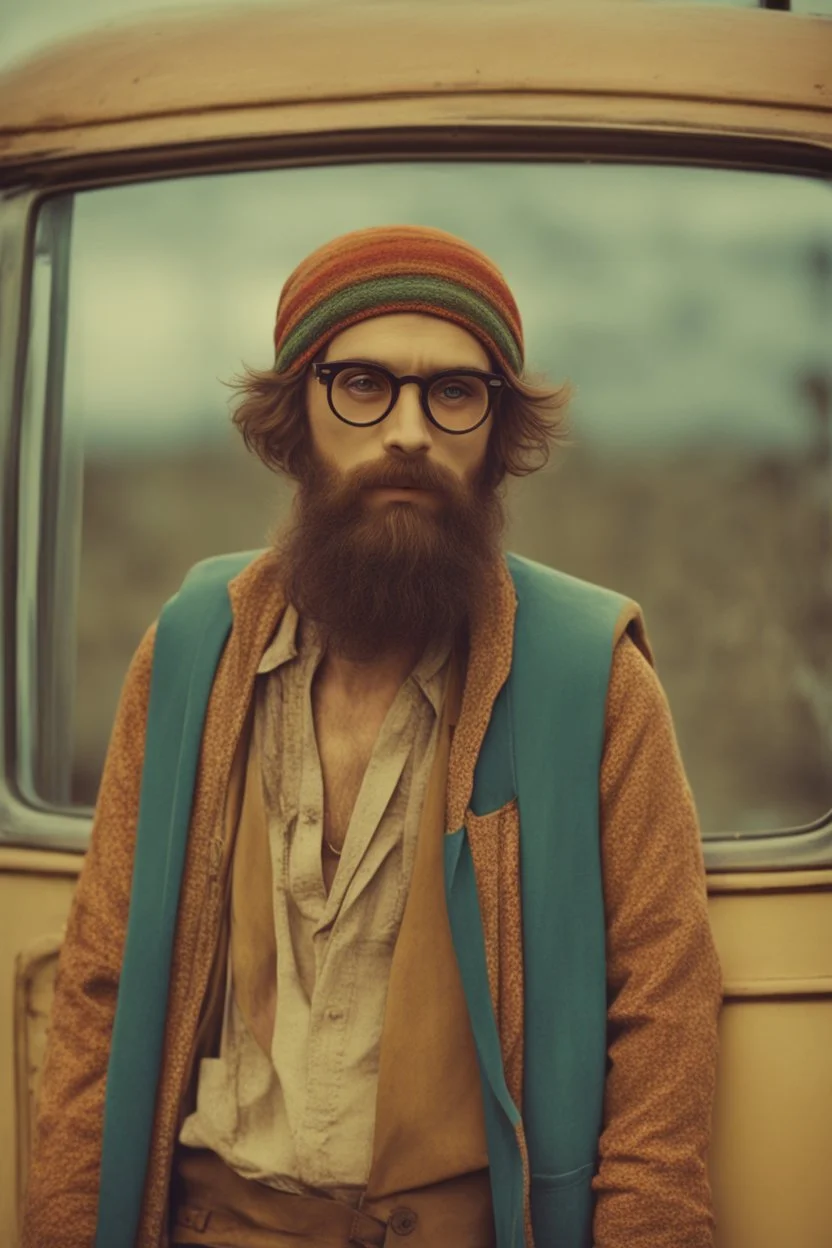 Hippie bohemian young man with Parisian bohemian look and glasses of colours and poor and short short short and poor hair on the head with receding hairline. Farsightedness glasses with big eyes. Long beard. Vintage look and feel like photo styleof the 70s