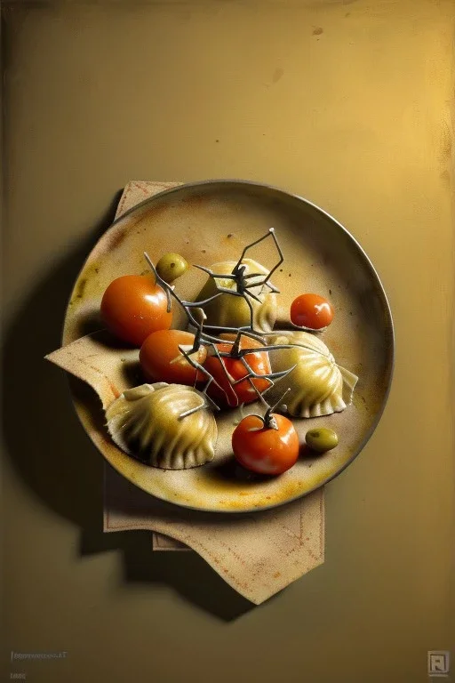 Ravioli by renaissance style still life oil painting, dish, natural tomato, albahaca, olives, olive oil, moisture, art, natural, ornaments, chef, high kitchen, smooth, gradient color background, unreal engine 5, ray tracing, RTX, lumen lighting, ultra detail, volumetric lighting, 3d.