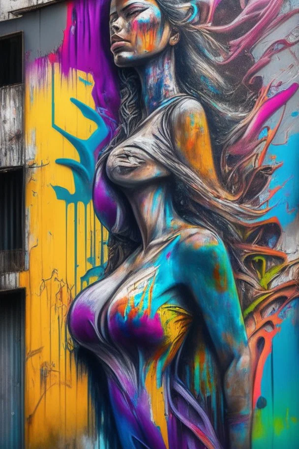 graffiti art on the back side of an abandoned building portraying a female super model posing confidently, 8k, highly detailed, centered, epic composition, graffiti art, splash art, street art, spray paint, oil gouache melting, acrylic, high contrast, colorful polychromatic, ultra detailed, ultra quality, CGSociety