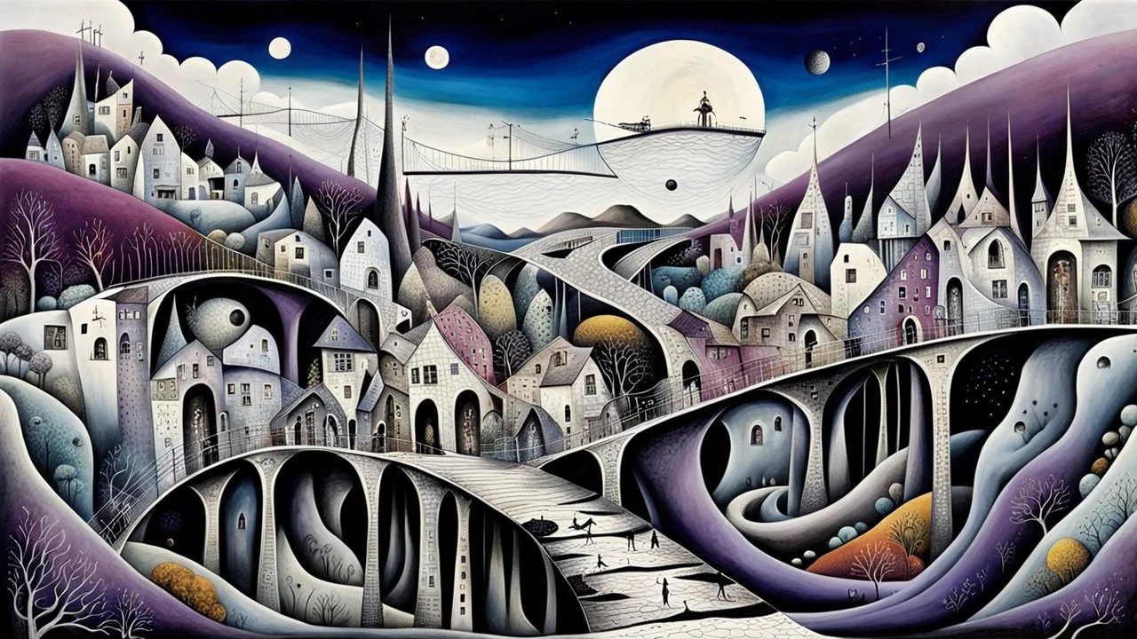 whimsical, weird long thin houses stand in village in weird whimsical landscape with long two bridges, , futur-surreal vibe with abstractions, around surreal cracked painted weird land with deep dark purple, gray, black, white, brown pale blue colors. style of Chagall , of Minjae Lee and Tim Burton, absurd beauty picture. weird bizarre absurd, nightmare, big neuron network clouds background and thin bridges, too big, too elongated shapes, psychedelic dream