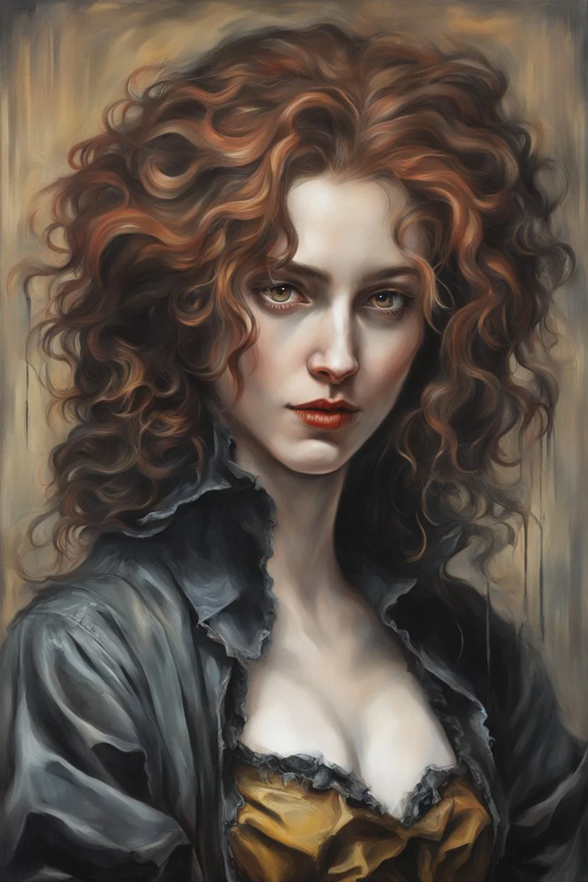 full body oil painting of a post apocalyptic, otherworldly vampire girl with highly detailed hair and facial features ,in the painting style of Gian Lorenzo Bernini and Johannes Vermeer, with a fine art aesthetic, highly detailed brushstrokes, realistic baroque style