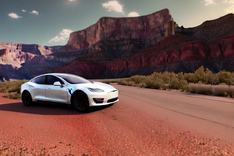 A Tesla 'Model Y' is going at a high speed, in the 'Grand Canyon National Park'. (CINEMATIC, WIDE ANGLE LENS, PHOTO REAL)