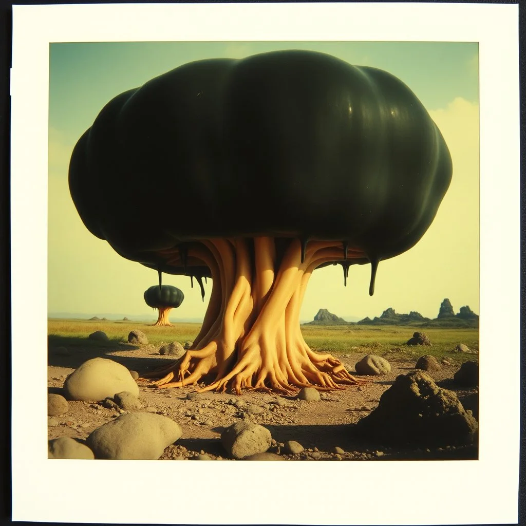 Photography polaroid of a random landscape with massive odd Yves Tanguy incomprehensible style Surrealism, glossy, organic, creepy tumor mass growing, strong texture, fiotti di liquido nero, horror, panic, obsessive, hypnotic