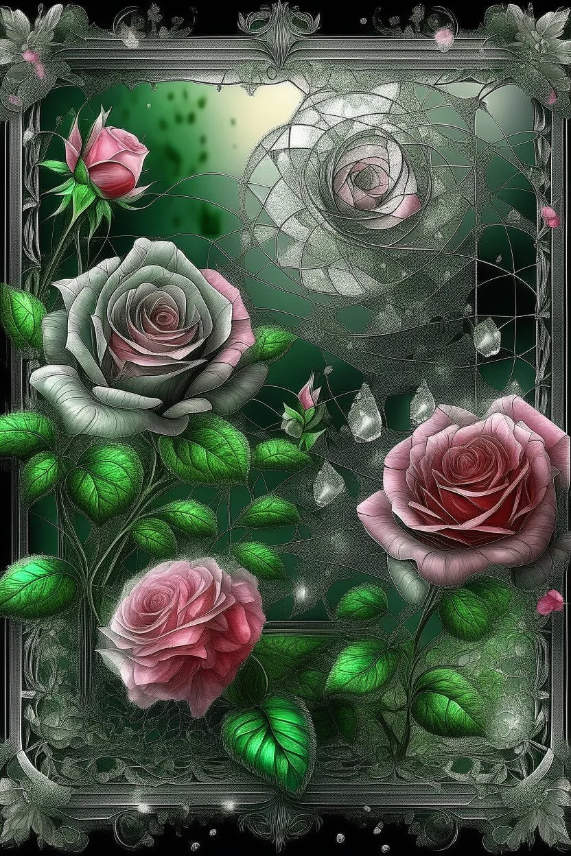 beautiful landscape elegant blooming pink roses and daisies, lots of greenery, sequins, dew filigree, smoke fractal, spiral space outside the window, hyperrealism, glitter, glare, hyperdetalization. vintage, inlaid outline in black pencil, aesthetically pleasing, beautiful, realistic, high resolution, high detail