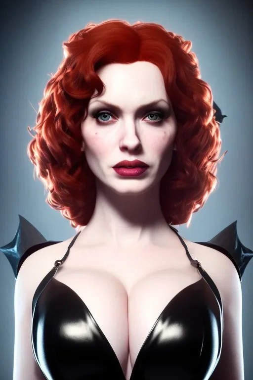 Christina Hendricks as evil queen in black leather gown, cleavage, angry, unreal 5, octane render,cinema4d, dynamic lighting, dramatic lighting, 4k, redshift render, highly detailed, hyper realistic