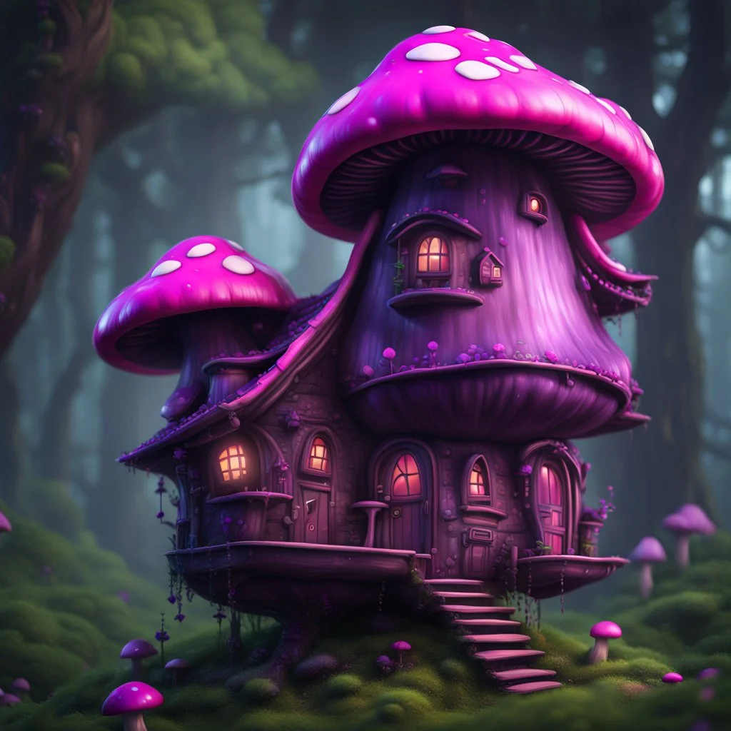 A funny floating mushroom house in space. neutral colors, black purple pink, Detailed gloss Painting, rich color, fantastical, intricate detail, splash screen, hyperdetailed, insane depth, concept art, 8k resolution, trending on Artstation, Unreal Engine 5, color depth, dynamic lighting, splash art, dramatic, masterpiece, excellent quality beautiful Imaginative, unique,