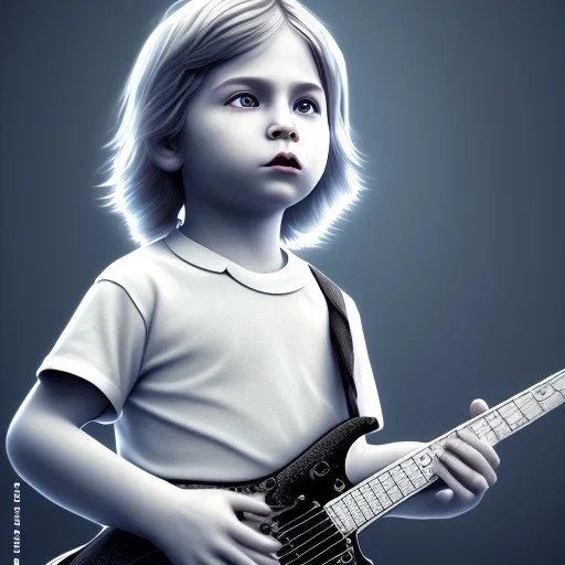 Mystery Kurt cobain toddler, full body, guitar, dramatique, art background, dramatic lighting, volumetric lighting, hyperrealisme, 8k, high quality, lot of details, fit within portrait, hyper realistic, unreal engine 5, uhd