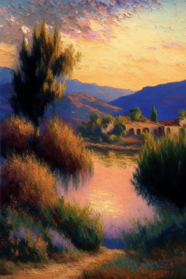 Spanish landscape oil painting, detailed Claude Monet, detailed, sunet