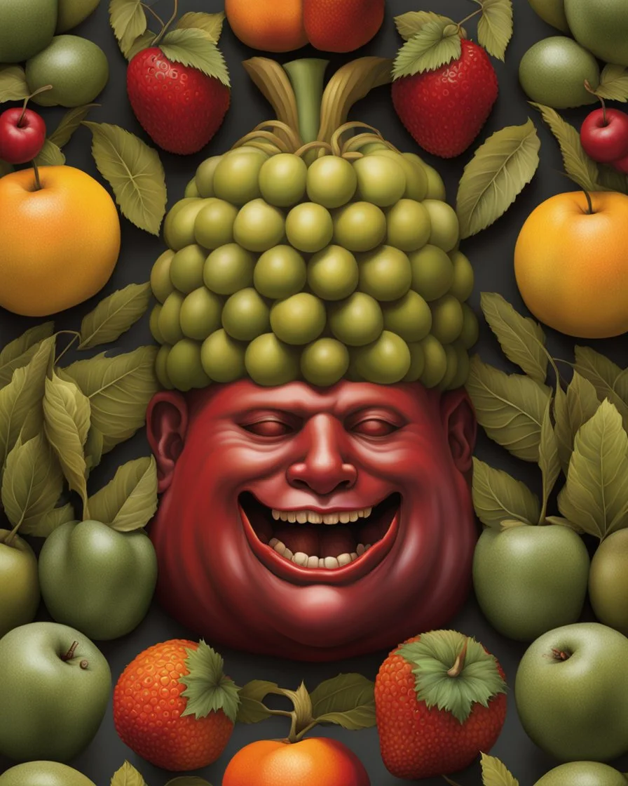 Naturaleza muerta frutas, Fernando Botero style, digital art, colores contrastes, hiperdetallado, 8k