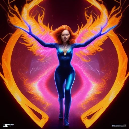 Dark Phoenix, X-Men , Jean Gray. hyperfantastic,hyperscifi,unreal engine,3D,best colours,deep purple . fire theme .blue neon smoke.cinamatic,full cinematic lights.beautiful body and hands details,beautiful face details,8k,hyperdetails.by alan parker.ann dittman