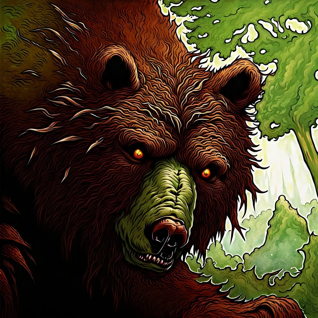 90's TCG fantasy artwork art of a mutant bear with green eyes