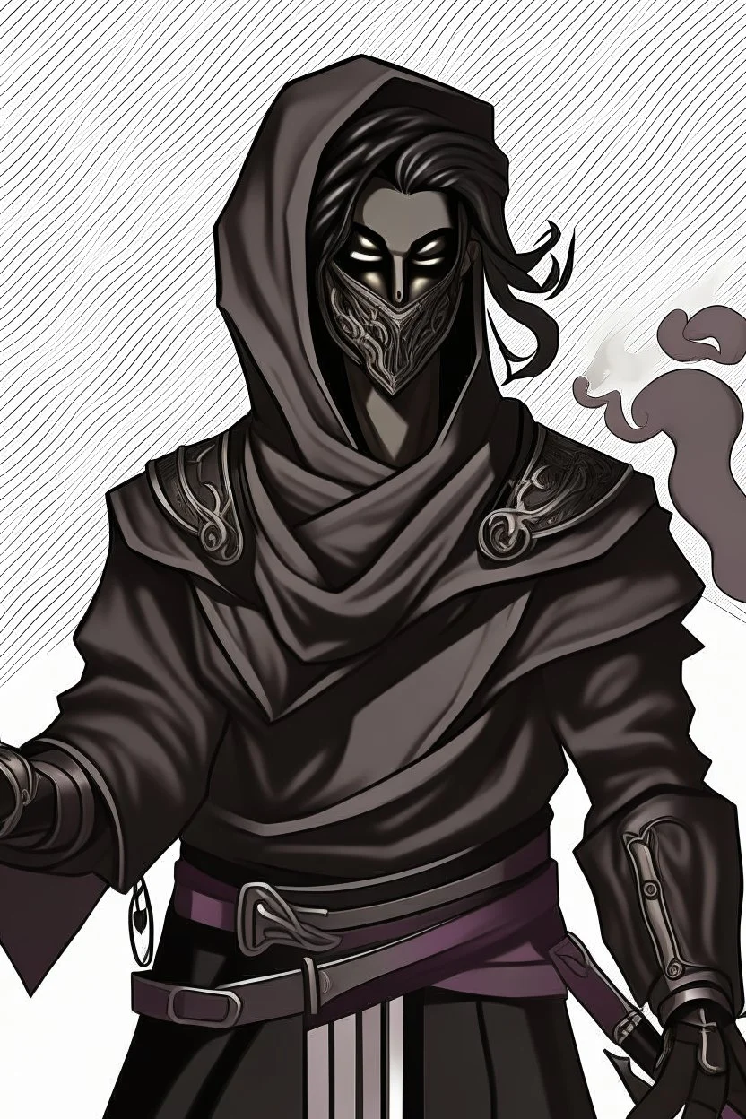 Male Air genasi fra d&d with black skin smoke some hair an Asian skin ghostly appearance with a Smokey undertone