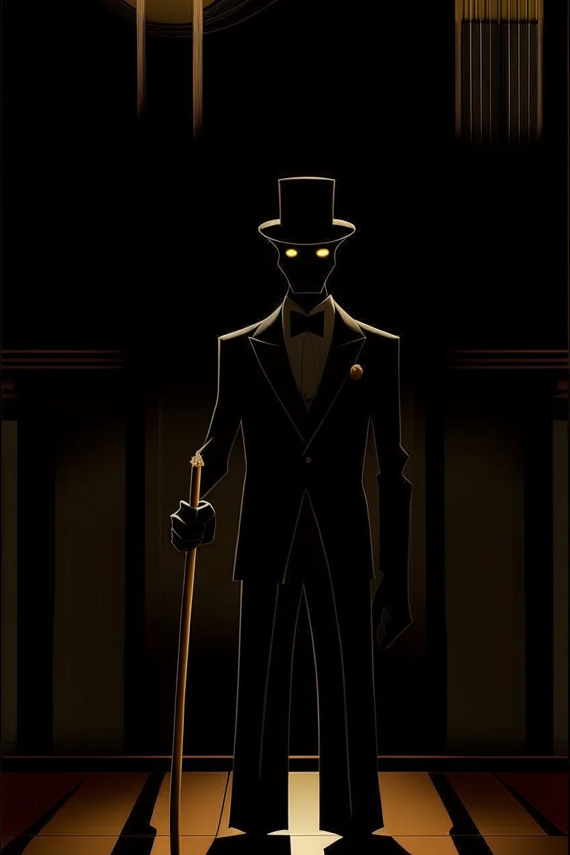 A shadow man standing behind the movie theater, his face is black, with light red eyes and sharp teeth, he is wearing a formal suit and a black hat, and he is holding a golden cane.