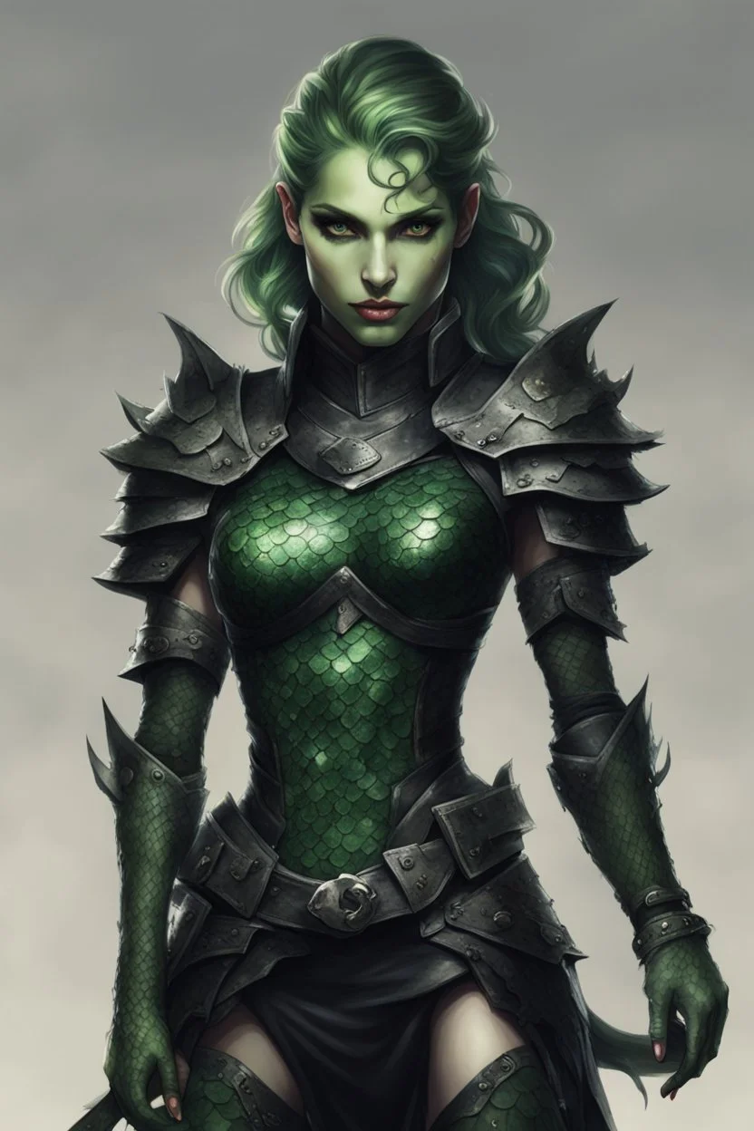 female snake humanoid, green scales, wearing a black leather armor, dungeons and dragons