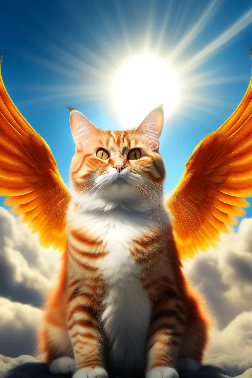 orange cat with stripes in heaven with wings and a halo