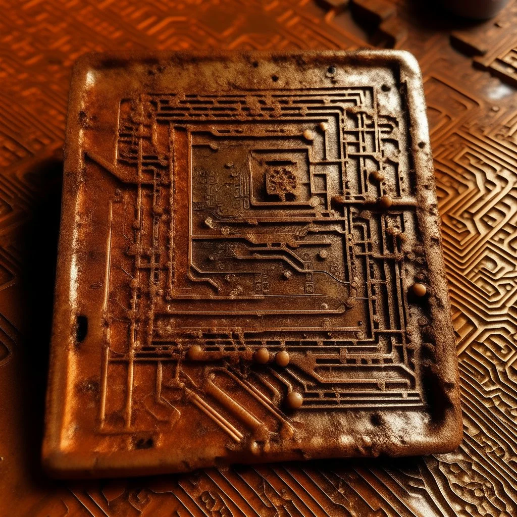 Create an image of old corrosion computer copper with strange Egyptian shaped Symbol