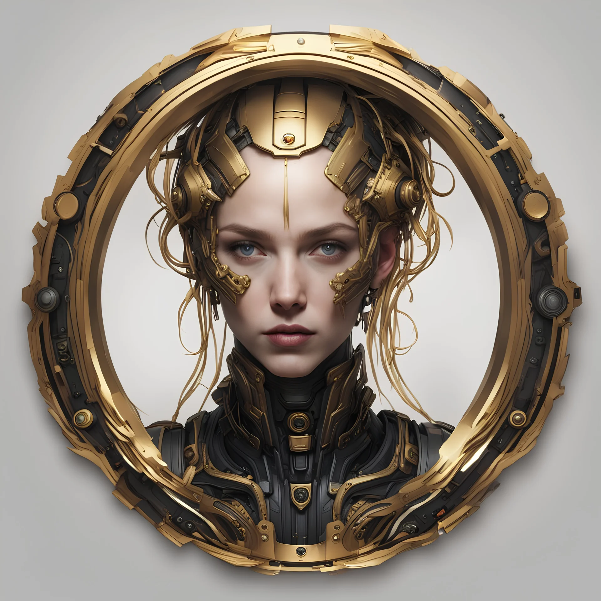 create me a thin round laurel golden portrait rim. not real laurels. but mechanical cyberpunk laurels. background should be black