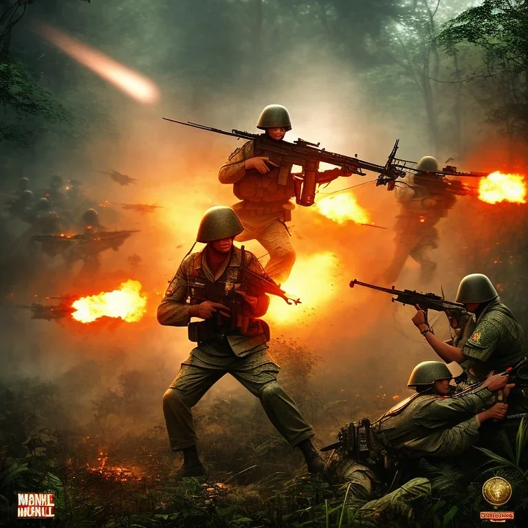 vietnam war. jungle. cd cover. bokeh. lens flare. warm lights. high detailed