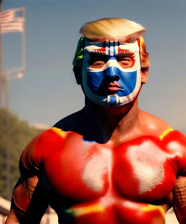 Realistic image of Donald trump wrestler, Mexican wrestling style, Mexican wrestling mask, eye line, red and blue breeches, glow us flag dress, suspenders, retro style, 80s, vibrant color, highly detailed, clean background, concept art, unreal engine 5, god rays, ray tracing, RTX, lumen lighting, ultra detail, volumetric lighting, 3d, finely drawn, high definition, high resolution.