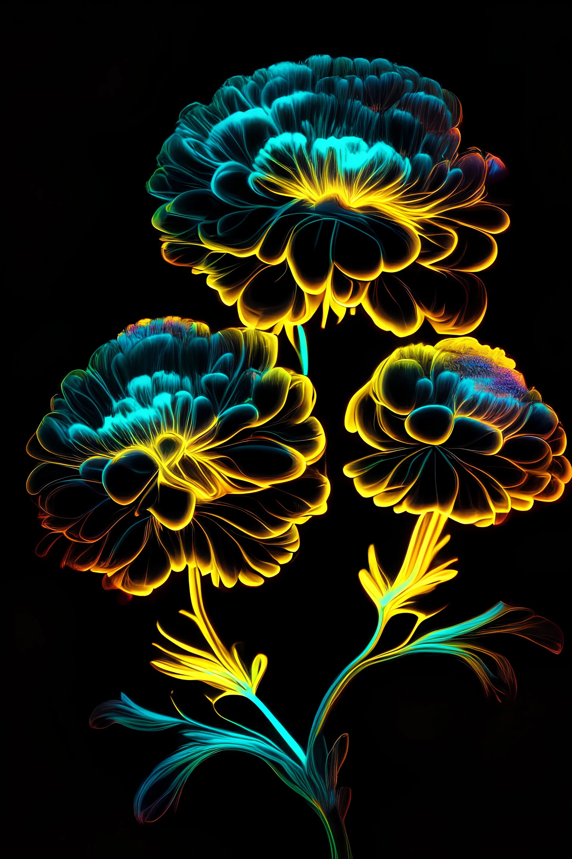 Stunning illustration of a Marigolds flowers, glowing in the dark with sweetcolor neon light, centered on a black background, in the style of pop surrealist artist, fine art, illustration