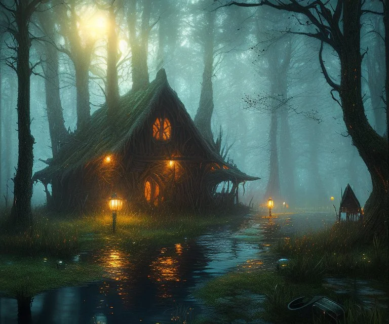 dynamic lighting, Intricately detailed, Splash screen art, deep color, Unreal Engine, volumetric lighting, dark fantasy artwork, dark swamp artwork, fantasy swamp artwork, cottage, night,