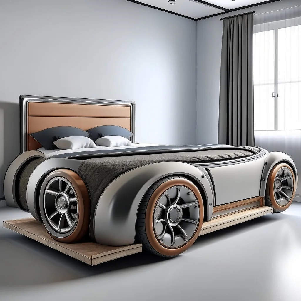 A bed with car wheels and a car belt on it